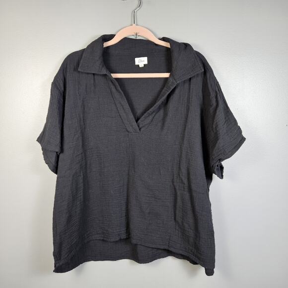 Elan Gauze Blouse 100% Cotton Relaxed Short Sleeve Collared V Neck Shirt Popover - Picture 2 of 7